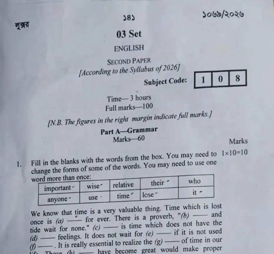 SSC English Second Paper Held