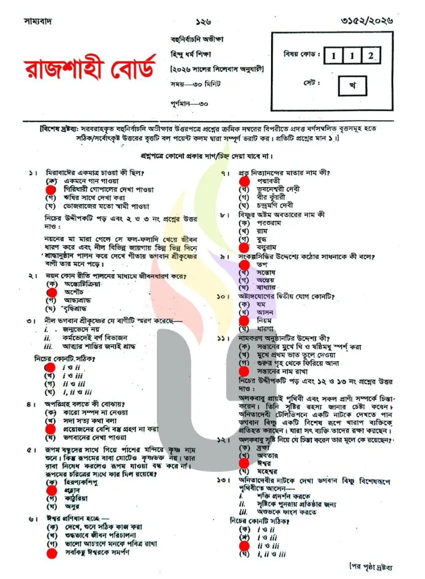 SSC Hindu Dhormo Rajshahi Board MCQ Solution
