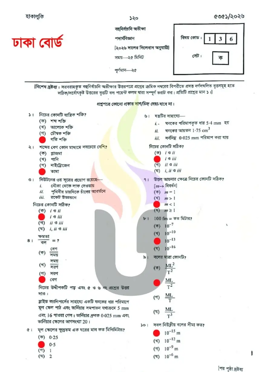 SSC Physics MCQ Dhaka Board